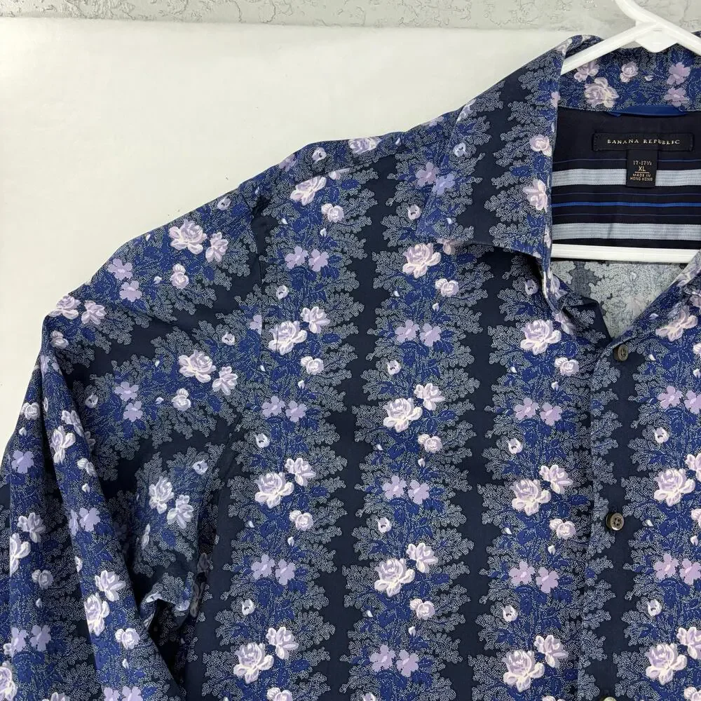 Banana Republic XL Men's Blue Floral Striped Long Sleeve Button-Up Shirt
